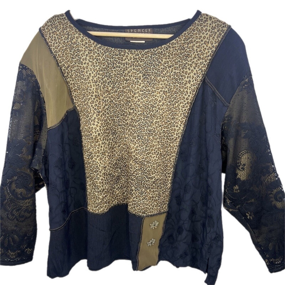 Vintage Spencer Alexis Patchwork Top Size 2XL Whimsigoth Artsy Cheetah Lace L/S‎